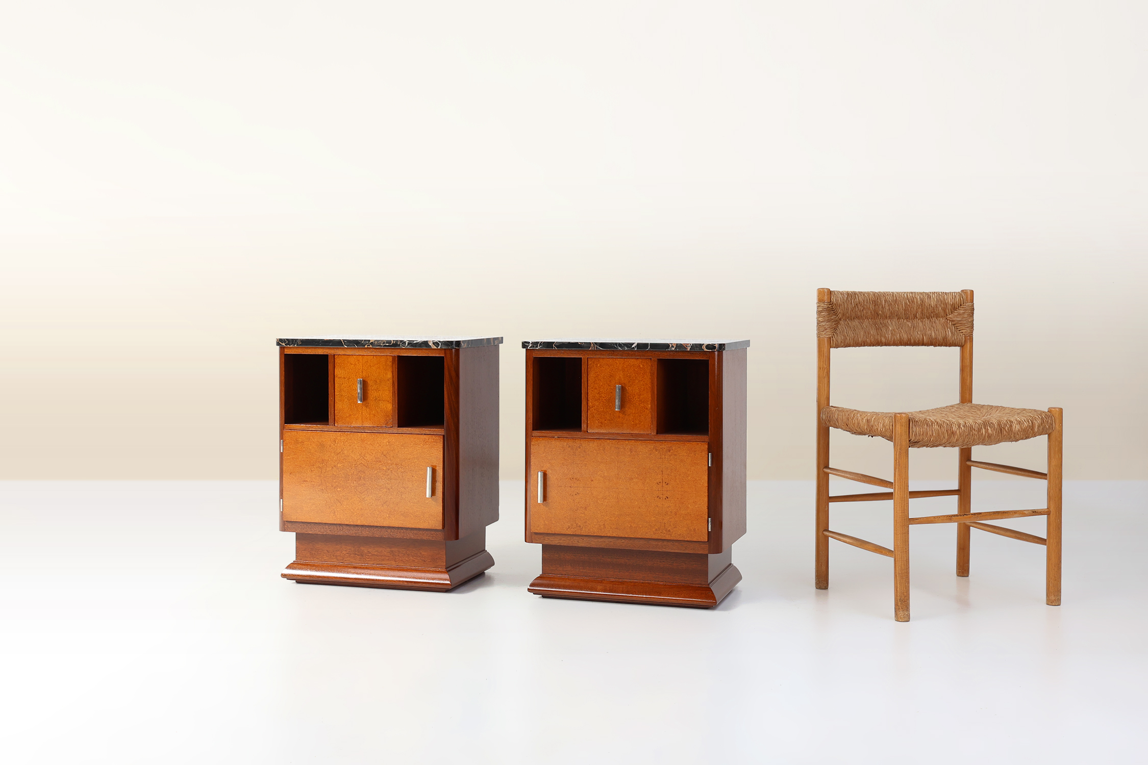 Pair of French Art Deco nightstand with stunning marble tops, 1920sthumbnail
